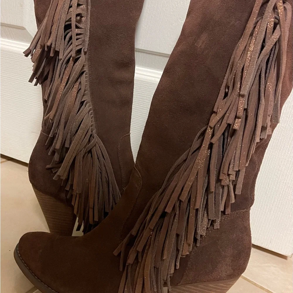 Reba Brown Leather Fringe Boots (All Leather Upper)Fringe on the side. - Picture 4 of 16